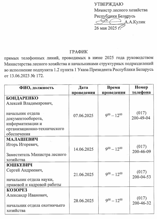 График прямых телефонных линий, проводимых в июне 2025 года руководством Министерства лесного хозяйства