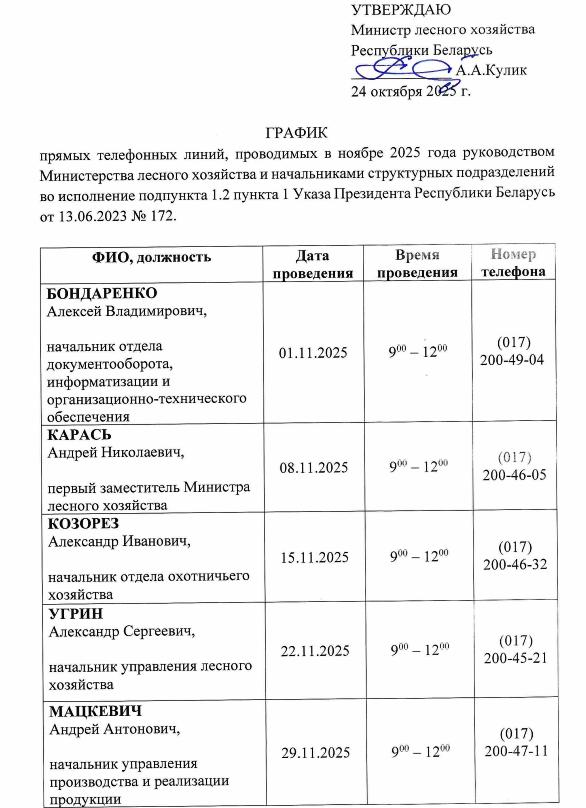График прямых телефонных линий, проводимых в ноябре 2025 года руководством Министерства лесного хозяйства