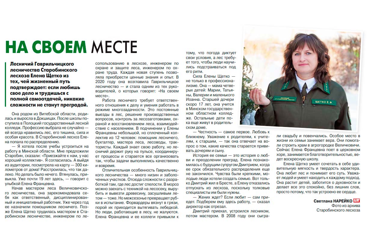 НАША КОЛЛЕГА НА СТРАНИЦАХ БЕЛОРУССКОЙ ЛЕСНОЙ ГАЗЕТЫ