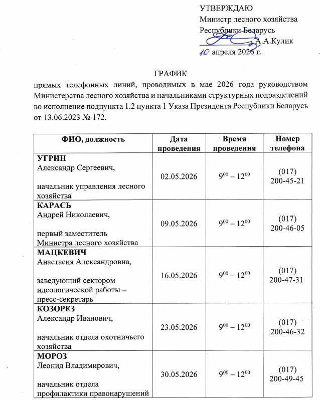 График прямых телефонных линий, проводимых в мае 2026 года руководством Министерства лесного хозяйства